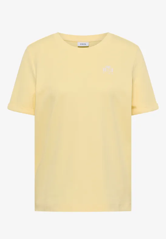 Hellgelbes T-Shirt mit kurzen Ärmeln und kleinem weißen Logo auf der Brust.