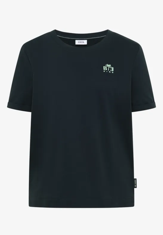 Zwart T-shirt met ronde hals en klein lichtgroen-wit logo op de borst
