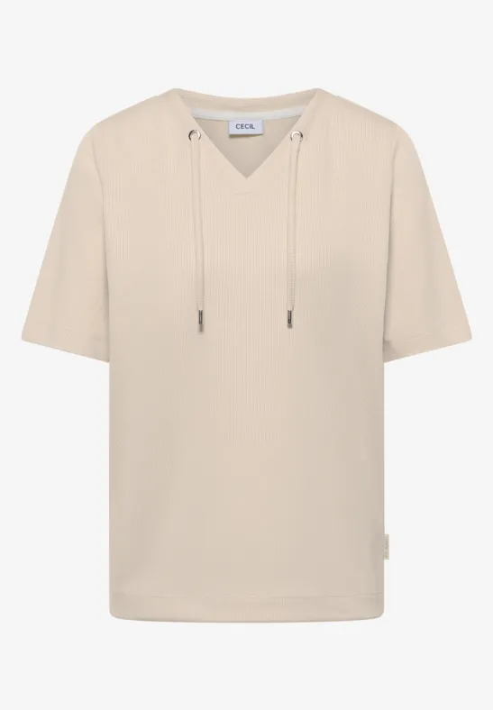 Beige korte mouw hoodie-T-shirt met V-hals en trekkoorden.