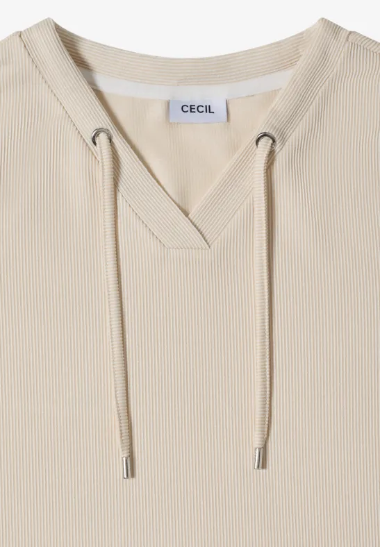 Beige hoodie met V-hals, koordjes en 'CECIL'-label bij de halslijn.