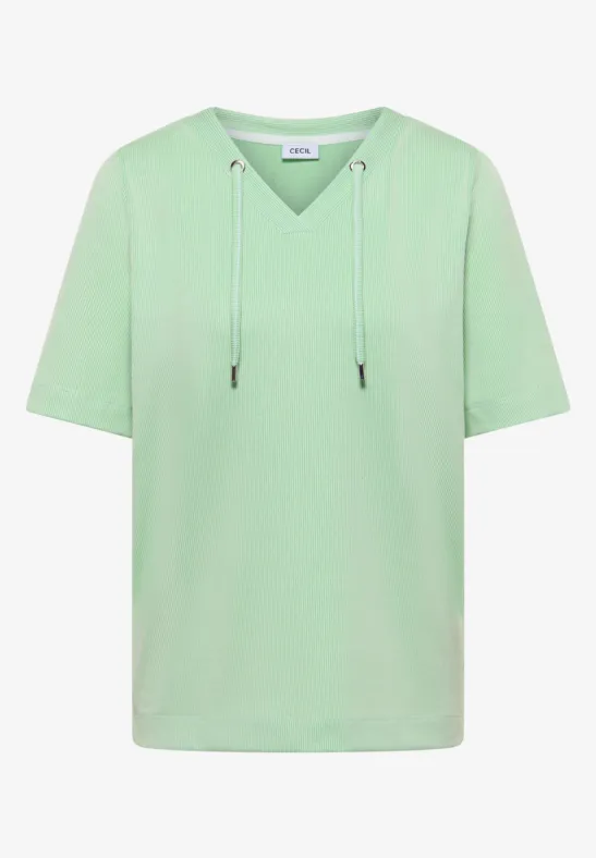 Lichtgroen T-shirt met capuchon, korte mouwen, V-hals en koordjes