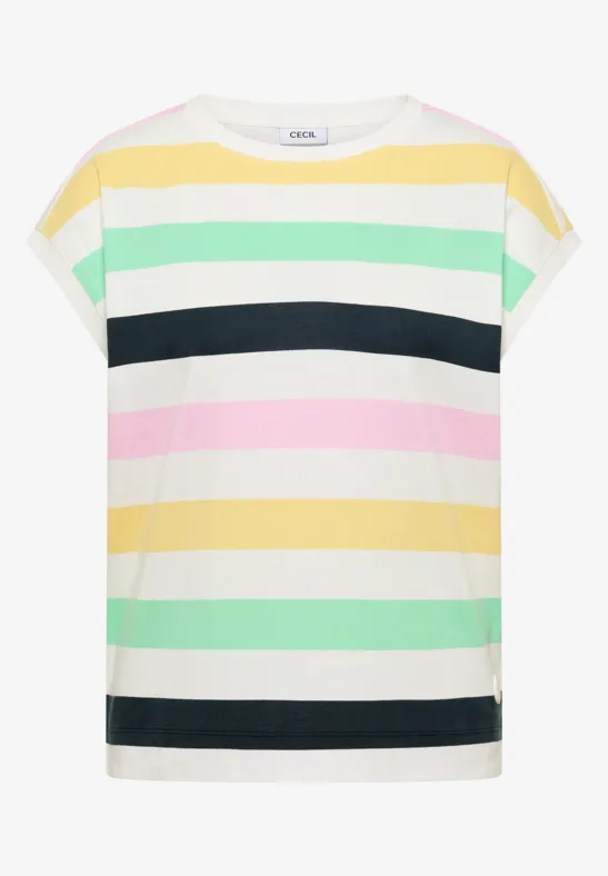 T-Shirt mit kurzen Ärmeln und breiten pastellfarbenen Streifen in Gelb, Rosa, Mintgrün und Marineblau.