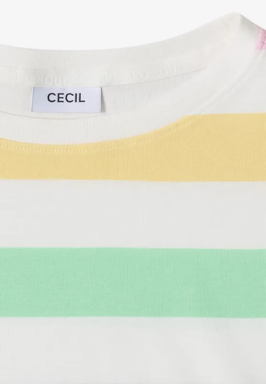 Weißes T-Shirt mit pastellfarbenen, horizontalen Streifen in Gelb, Mintgrün und Rosa sowie Rundhals.