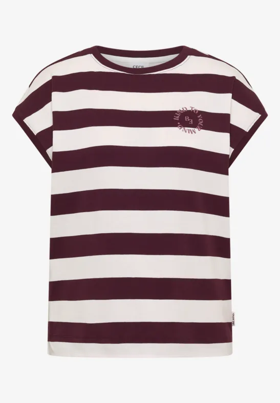 Weißes und bordeauxrot gestreiftes T-Shirt mit Rundhals und lässiger Passform.