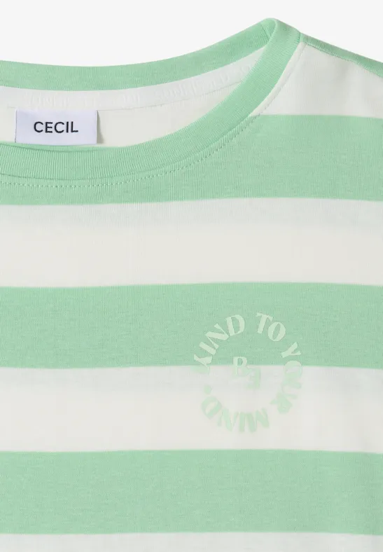 Weiß-grün gestreiftes kurzärmeliges T-Shirt mit Rundhalsausschnitt, Label 'Cecil' und dezentem Frontdruck.