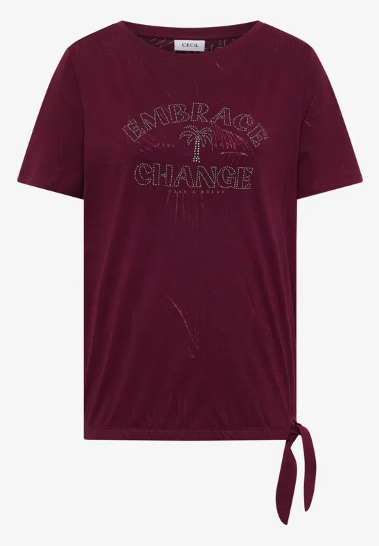 T-shirt femme bordeaux à manches courtes, imprimé 'Embrace Change' et nœud latéral.