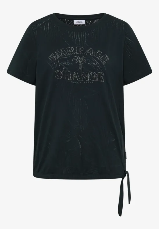 Schwarzes Kurzarm-Shirt mit seitlicher Zierschleife und Statement-Print 'Embrace Change'.