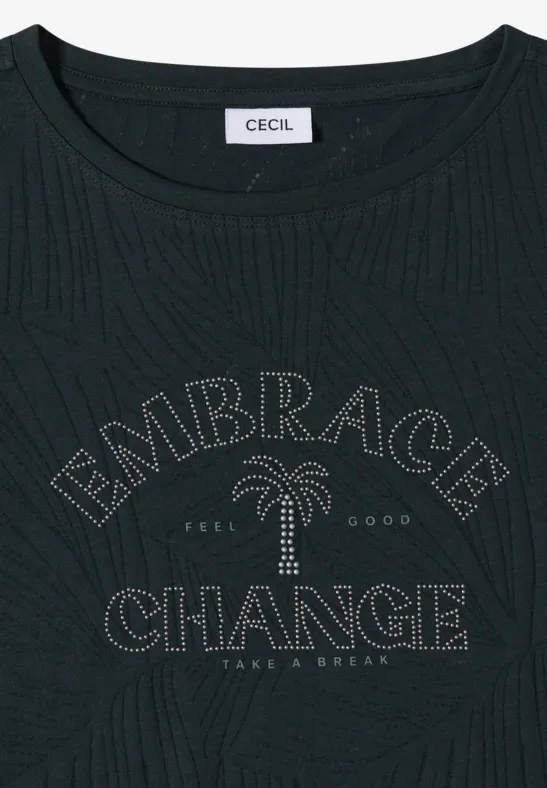 Schwarzes T-Shirt mit Aufdruck "Embrace Change" und Palmenmotiv, Markenlabel CECIL am Kragen.