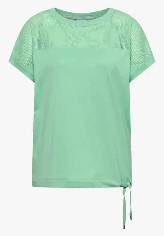 Mintgrünes T-Shirt mit überschnittenen Ärmeln, Rundhalsausschnitt und seitlicher Kordel zum Binden.