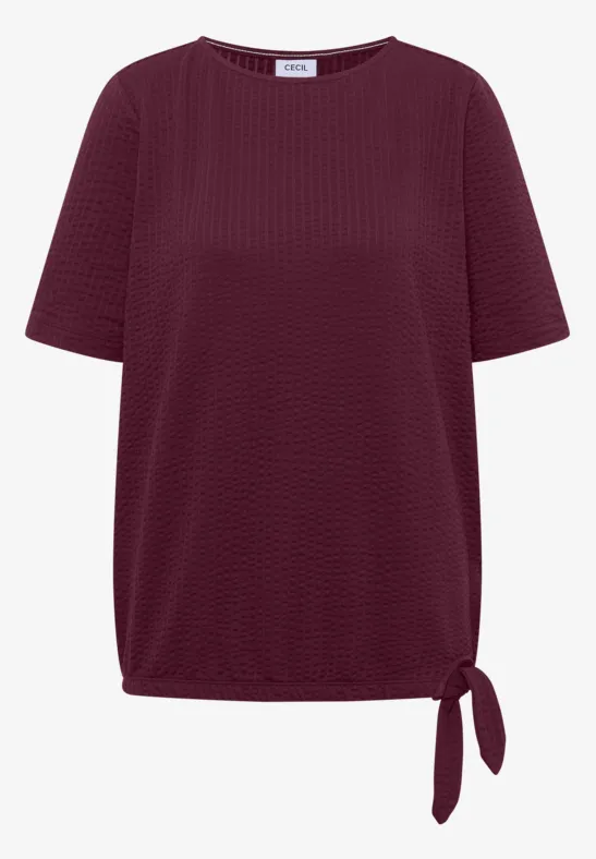 Bordeauxrood dames-T-shirt met korte mouwen, gestructureerde stof en een decoratieve knoop in de zoom.