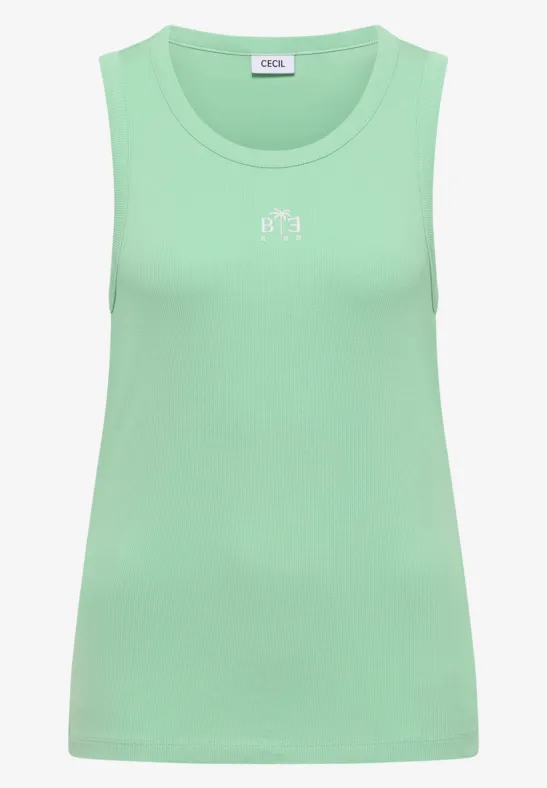 Ärmelloses Top in Mintgrün mit rundem Ausschnitt und kleinem Logo auf der Brust.