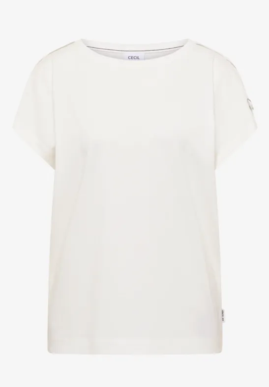 Schlichtes weißes T-Shirt mit kurzen Ärmeln und Rundhalsausschnitt.