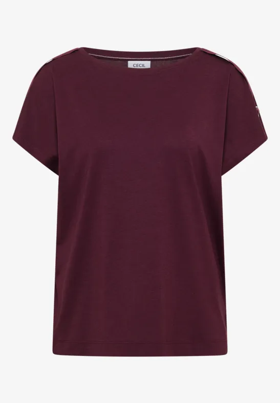 Ein schlichtes, burgunderrotes T-Shirt mit kurzen Ärmeln und rundem Ausschnitt.