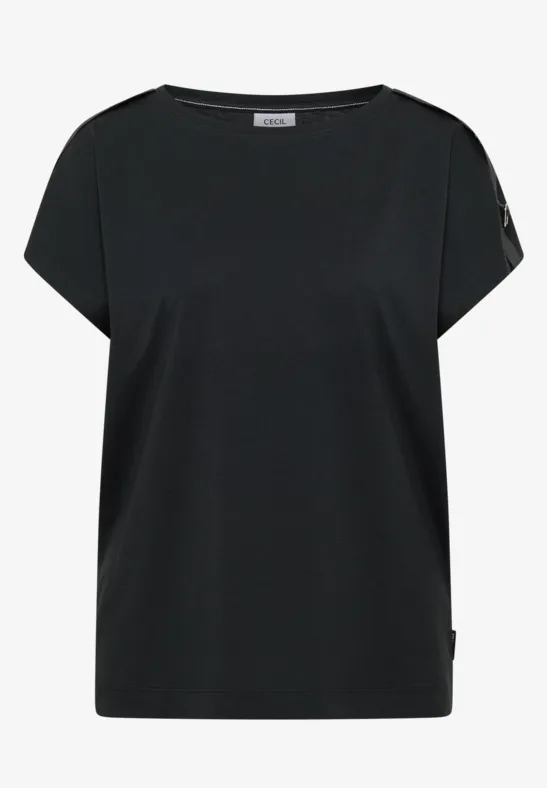 Schwarzes, kurzärmeliges Damen-Shirt mit weitem Rundhals-Ausschnitt und lockerem Schnitt.