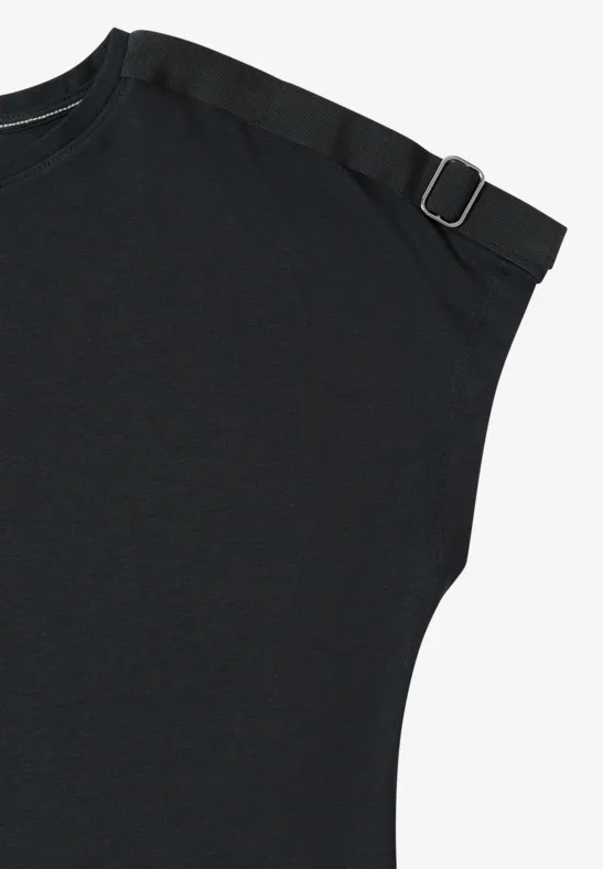 Schwarzes, ärmelloses Top mit modischem Schulter-Riemen und Metallschnalle.