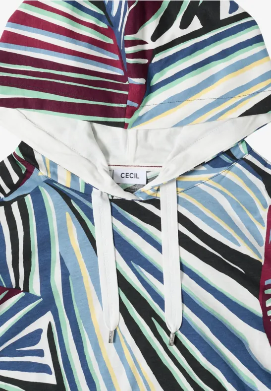 Bunter Kapuzenpullover mit diagonalen Streifen in Rot, Blau, Grün und Weiß, Tunnelzug und Label 'CECIL'.