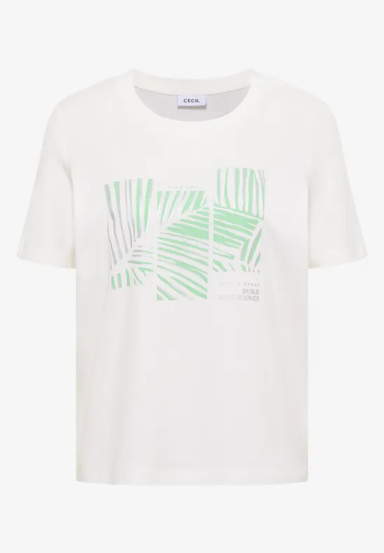T-shirt blanc à manches courtes avec imprimé géométrique vert composé de lignes abstraites à l’avant.