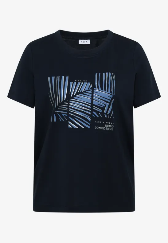 Schwarzes Kurzarm-T-Shirt mit blauem, abstraktem Grafik-Print auf der Vorderseite.