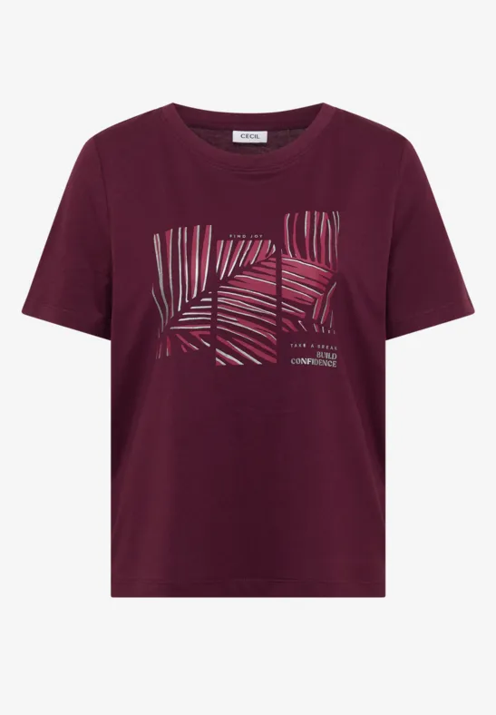Bordeauxfarbenes T-Shirt mit kurzem Arm und abstraktem Palmenblatt-Print in Hellrosa
