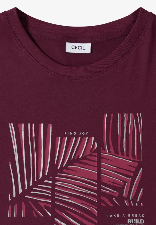 Bordeauxfarbenes T-Shirt mit minimalistischer Palmblatt-Grafik und Schriftzug Find Joy und Take a Break.