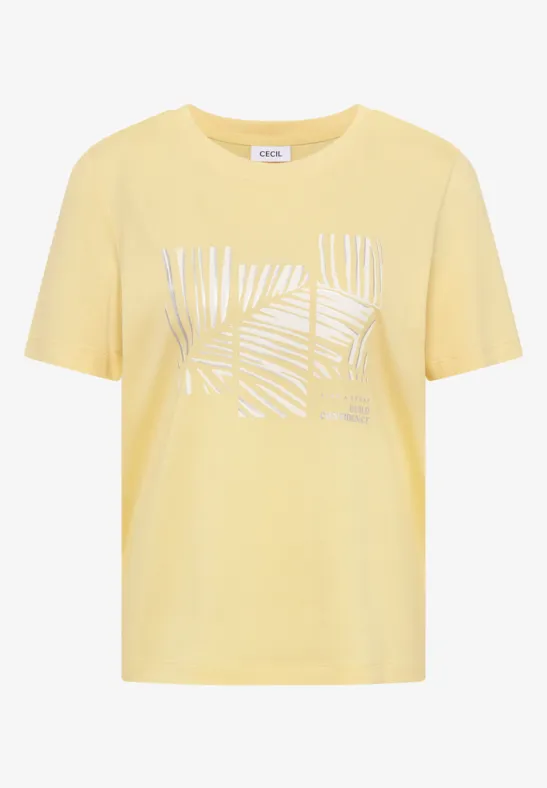 T-shirt jaune clair à manches courtes avec imprimé feuilles de palmier blanc devant.