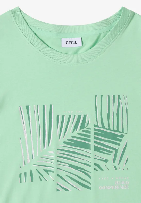 Mintgrünes T-Shirt mit abstraktem Palmenblatt-Print in Weiß und Silber.
