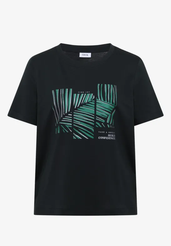 T-shirt noir avec motif de feuille verte abstraite sur le devant.