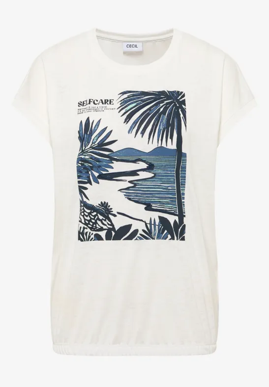 Weißes T-Shirt mit blauem Tropenprint: Palmen und Meer in rechteckigem Grafikdesign.