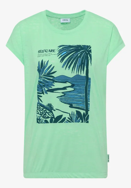 Hellgrünes T-Shirt mit tropischem Print, Palmenblättern, Meerblick und Schriftzug "SELFCARE".
