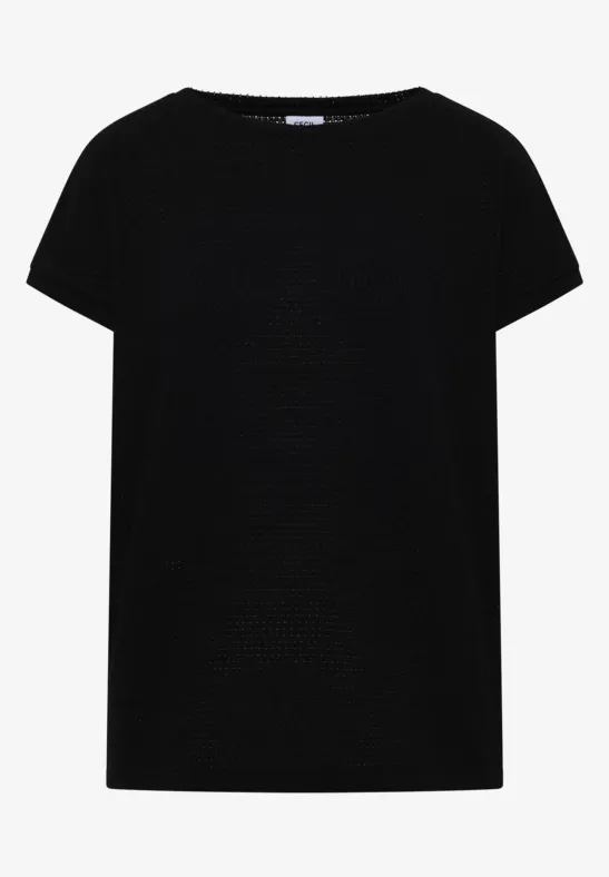 Ein schlichtes schwarzes T-Shirt mit kurzen Ärmeln und Rundhalsausschnitt.