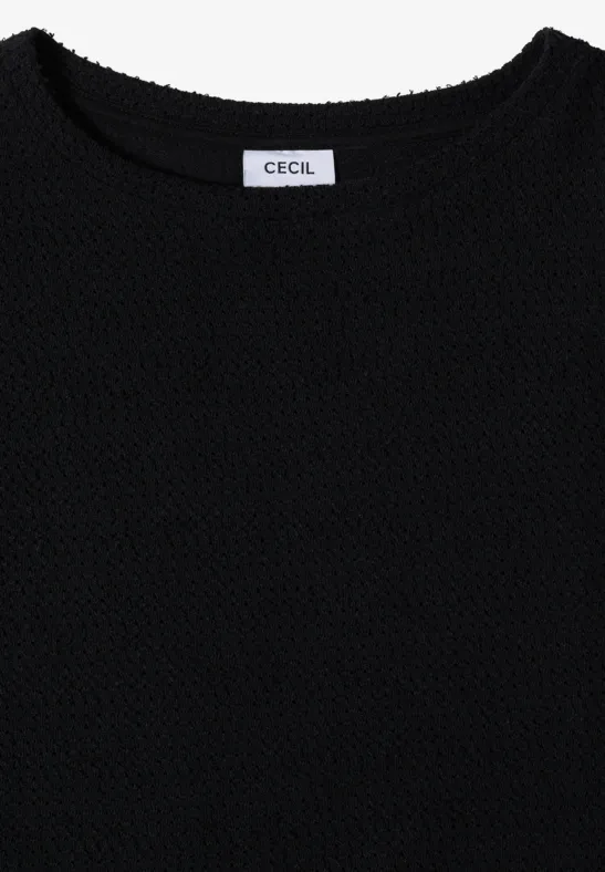 Schwarzer, fein gestrickter Pullover mit Rundhalsausschnitt und Label 'Cecil'.