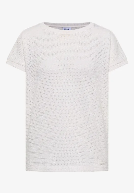 Weißes T-Shirt mit Waffelstruktur, kurzen Ärmeln und Rundhalsausschnitt