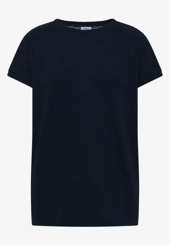 Ein schlichtes, dunkelblaues T-Shirt mit kurzem Arm und Rundhalsausschnitt.