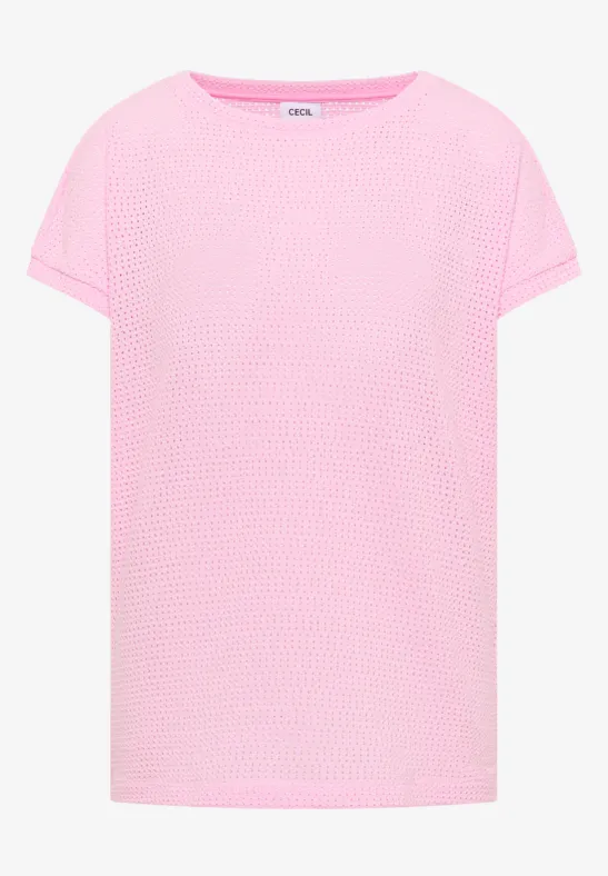 Ein schlichtes, kurzärmeliges T-Shirt in zartem Rosa mit dezenter Struktur.