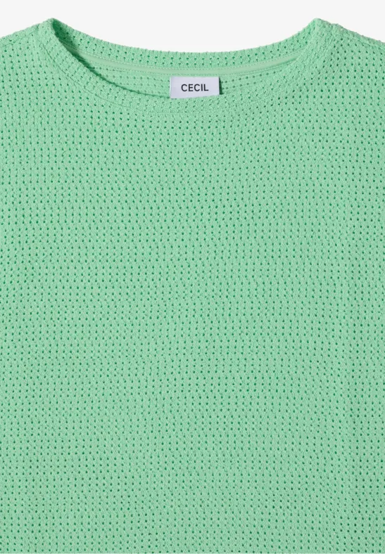 Grünes, fein gestricktes T-Shirt mit Rundhalsausschnitt und feinem Lochmuster, Marke CECIL