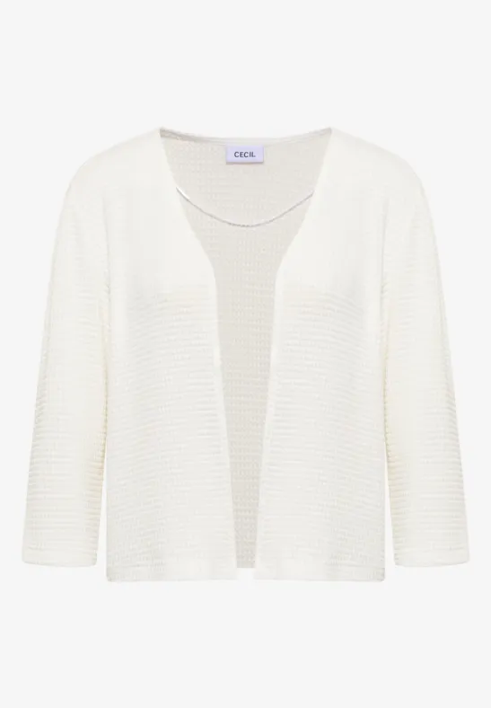 Cardigan blanc en maille, ouvert, manches 3/4, structure côtelée fine.