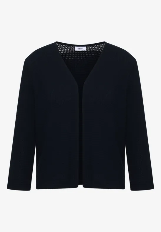 Schwarze, elegante Damenstrickjacke mit offenem Schnitt und mittlerer Länge.