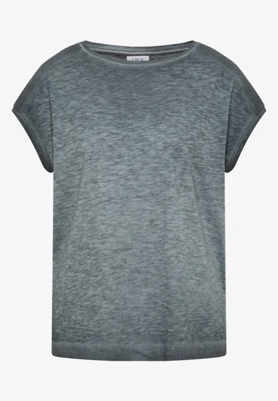 Graues, kurzärmeliges, locker geschnittenes Damen-T-Shirt mit Rundhalsausschnitt.