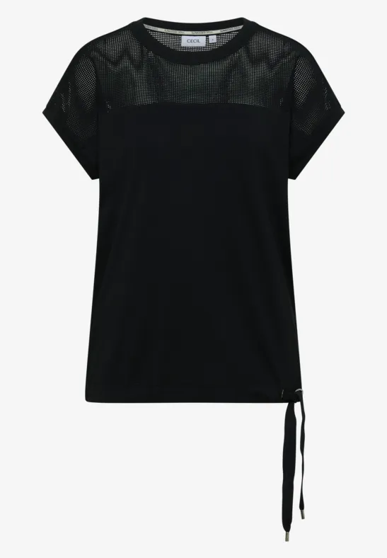 Zwart T-shirt met transparante mesh inzet bovenaan, korte mouwen en zijwaartse strikdetail.