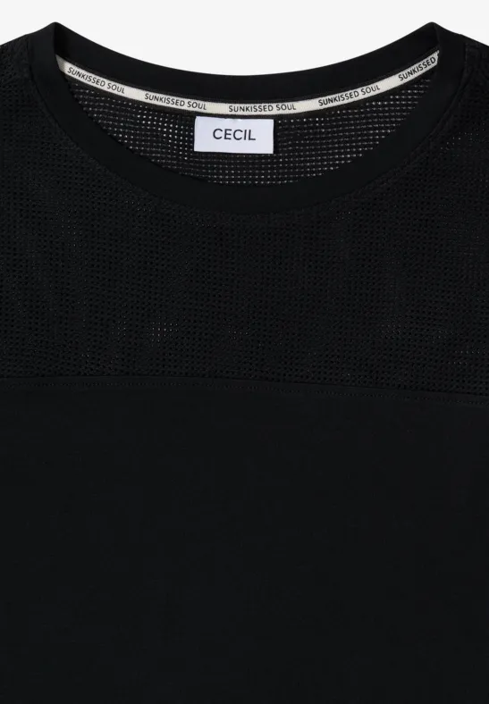 Zwart dames-T-shirt met mesh-inzet bovenaan en CECIL-label bij de hals.