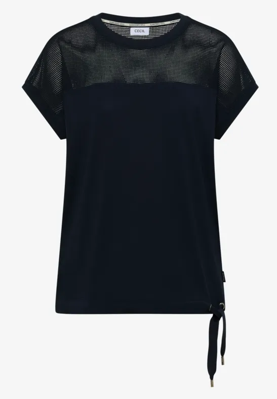 Dunkelblaues Kurzarmshirt mit transparentem Mesh-Oberteil und seitlicher Zierschleife.