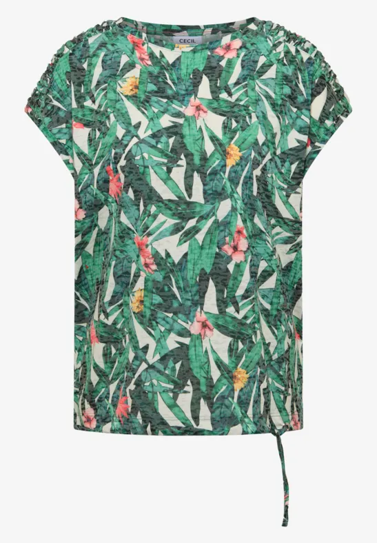 Groen dames-T-shirt met korte mouwen en tropische blad- en bloemenprint, zijstrikdetail.