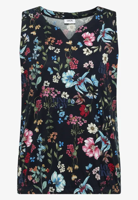 Haut sans manches noir avec imprimé floral multicolore.