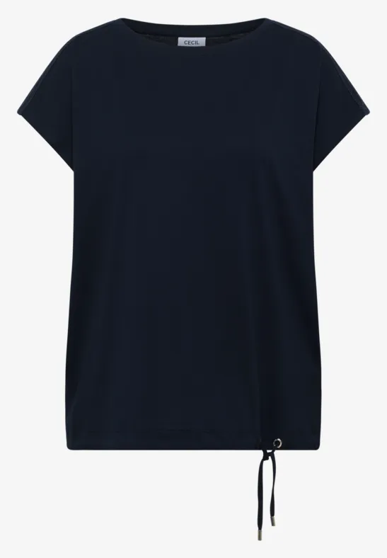 Dunkelblaues Kurzarmshirt mit Rundhalsausschnitt und Kordelzug am Saum