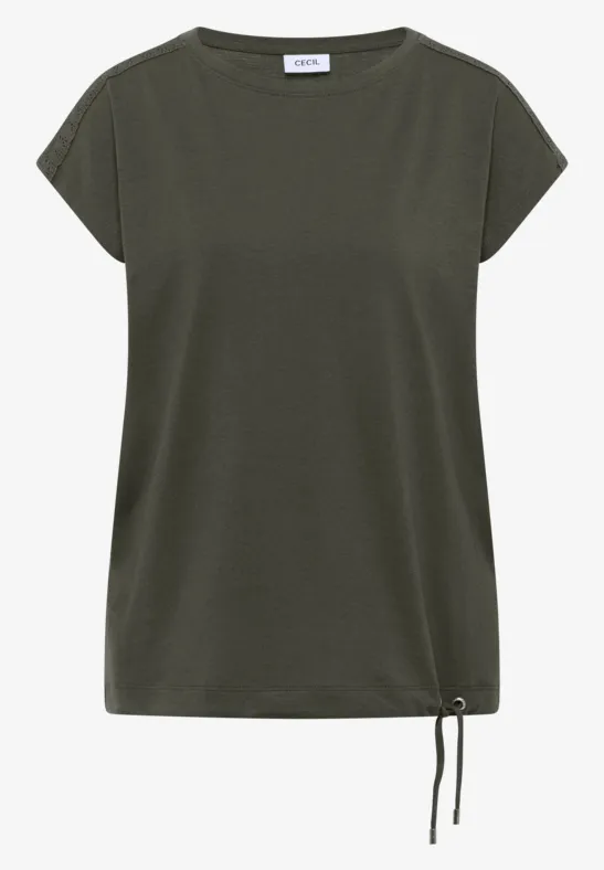 Olivgrünes, locker geschnittenes Damen-Shirt mit kurzen Ärmeln und seitlicher Kordel am Saum.