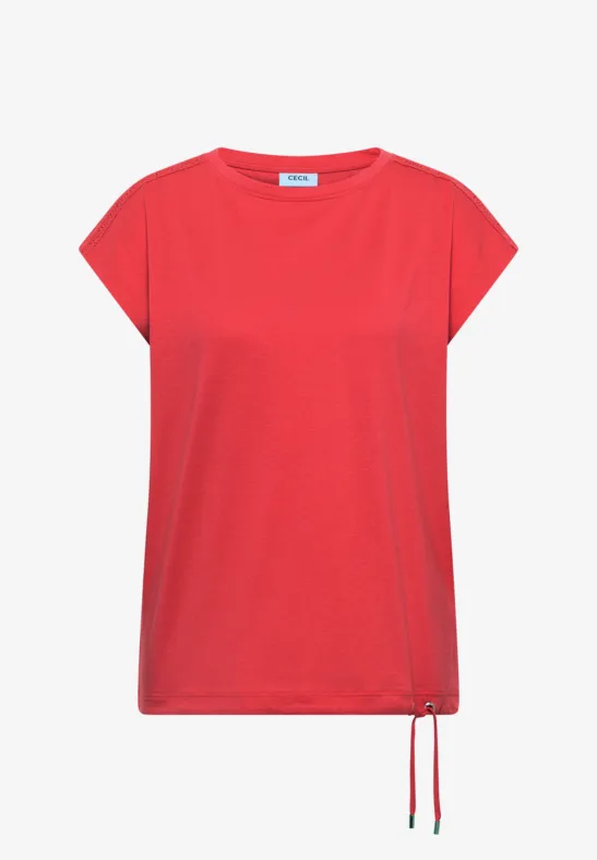 Rotes T-Shirt mit kurzen Ärmeln und verstellbarem Kordelzug am Saum.