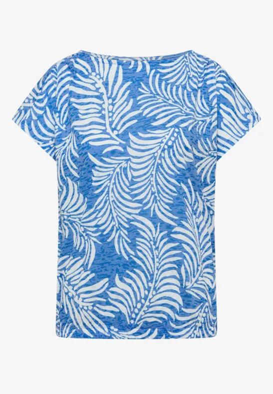 Bluse mit rundem Ausschnitt, blau mit weißem tropischem Blattmuster