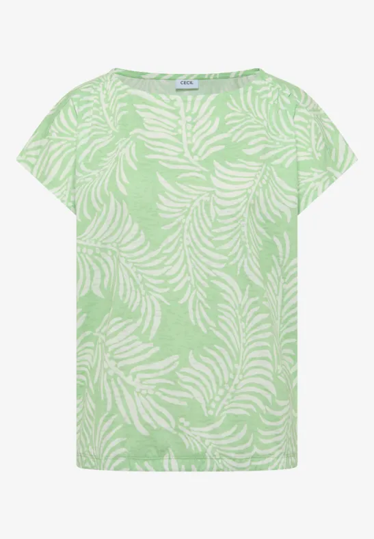 Hellgrünes Kurzarmshirt mit weißem Blattmuster.