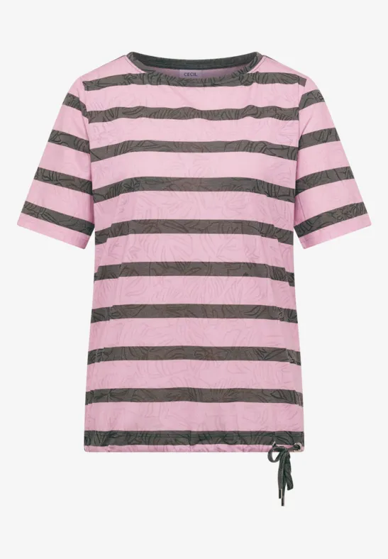 Rosa T-Shirt mit schwarzen Querstreifen und seitlicher Kordel am Saum.