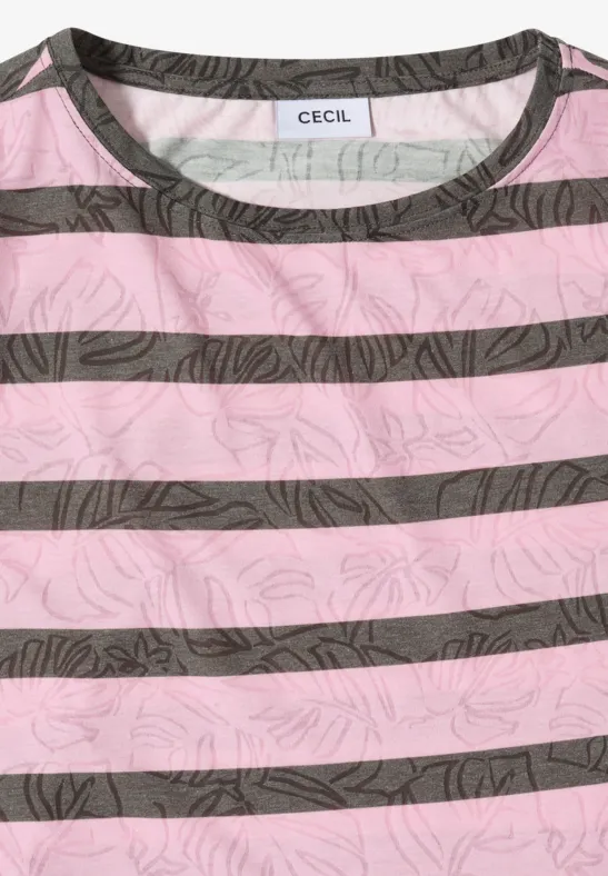 Ein rosa-grau gestreiftes T-Shirt von CECIL mit Rundhalsausschnitt.